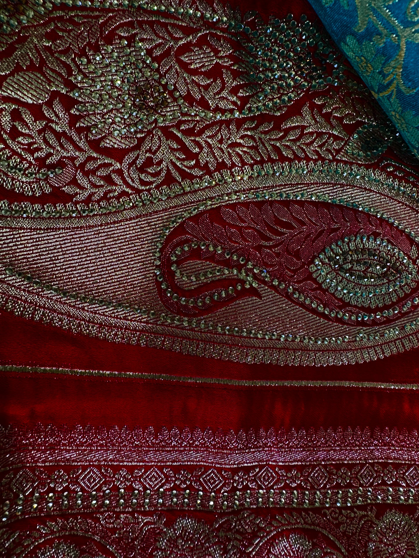 Maroon, Teal & Red Banarasi Silk saree With Duppata