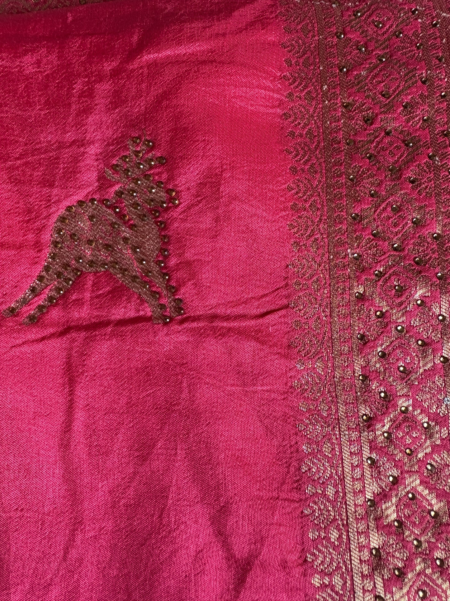 Rose Pink Magenta Pure Silk Banarasi Saree with Gold Zari Stripes & Woven Border
