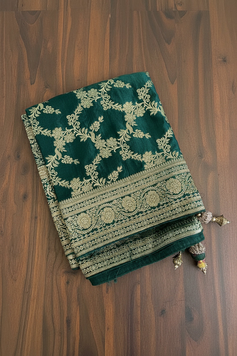 Bottle green & Red Banarasi Silk saree with Heavy Dupatta