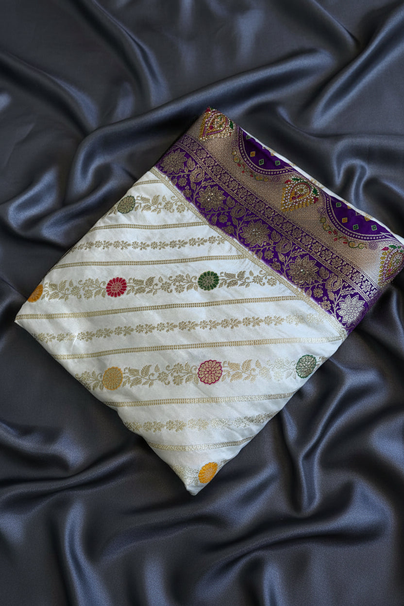 White Purple Banarasi Saree