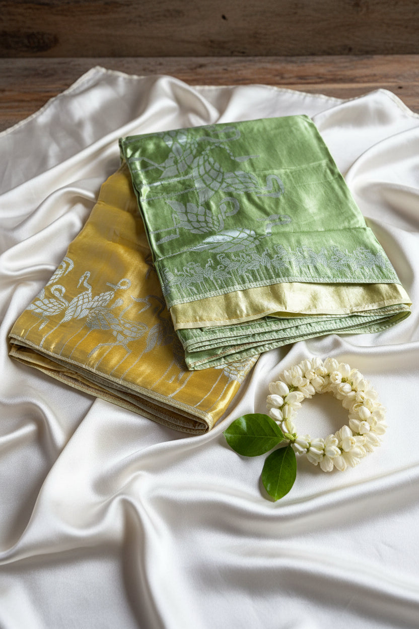 Dual-Tone Mehendi Green & Mustard Gold Pure Silk Saree