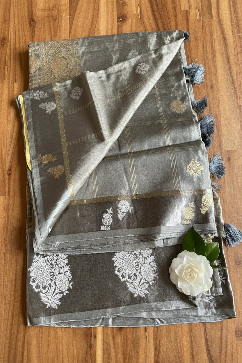 Iridescent Silver-Grey Pure Banarasi Silk Saree