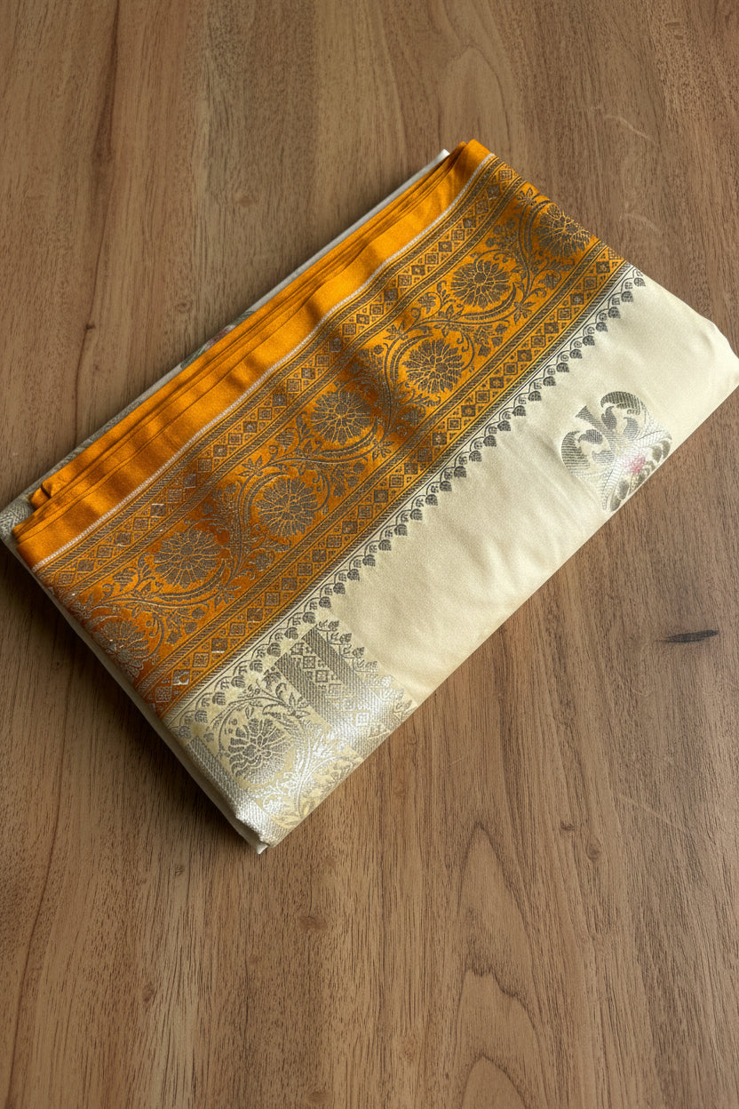 Off-White Katan  Pure Banarasi Mushroom Silk Saree