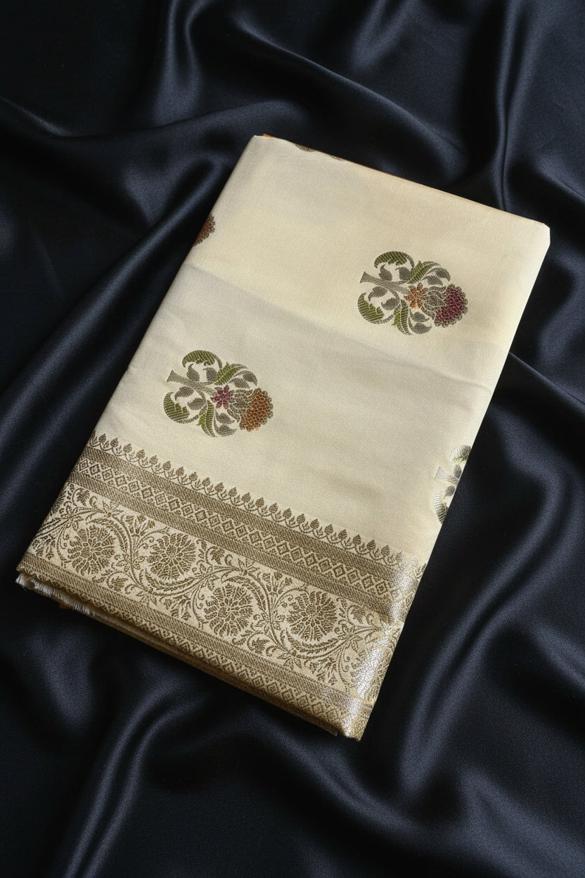 Off-White Katan  Pure Banarasi Mushroom Silk Saree