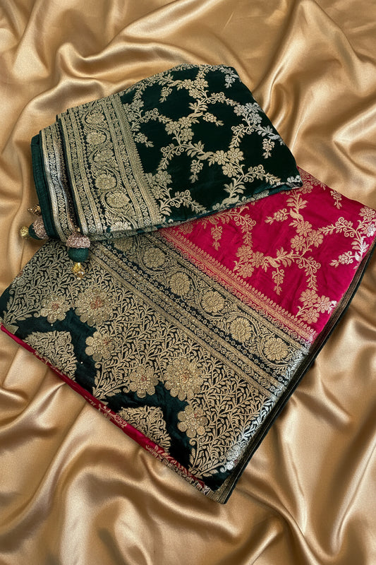 Bottle green & Red Banarasi Silk saree  with  Heavy Dupatta