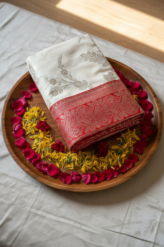 Off-White / Ivory  Pure Banarasi  Silk Saree