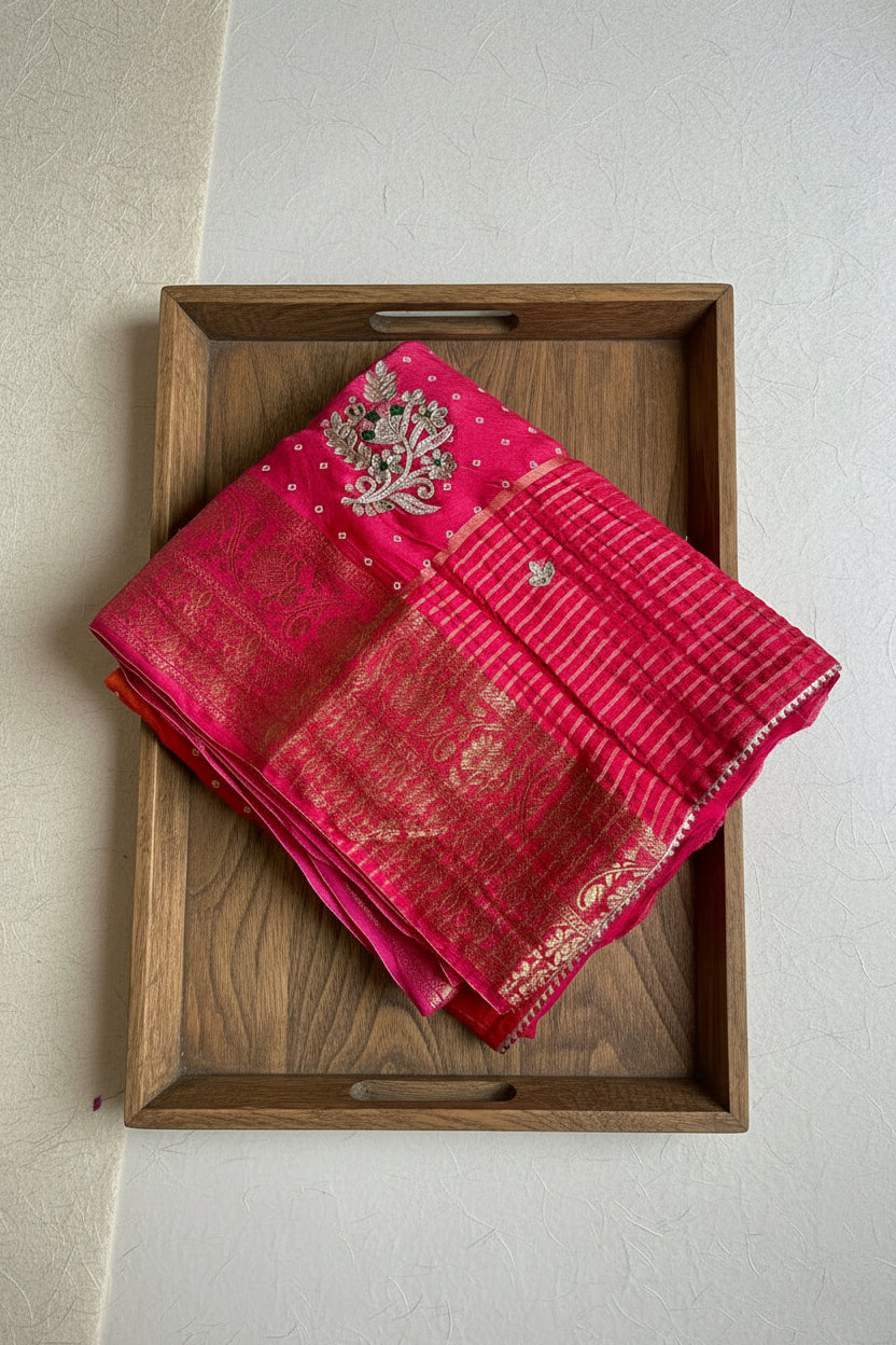 Rani Pink Bandhani Pure Dola Silk Saree