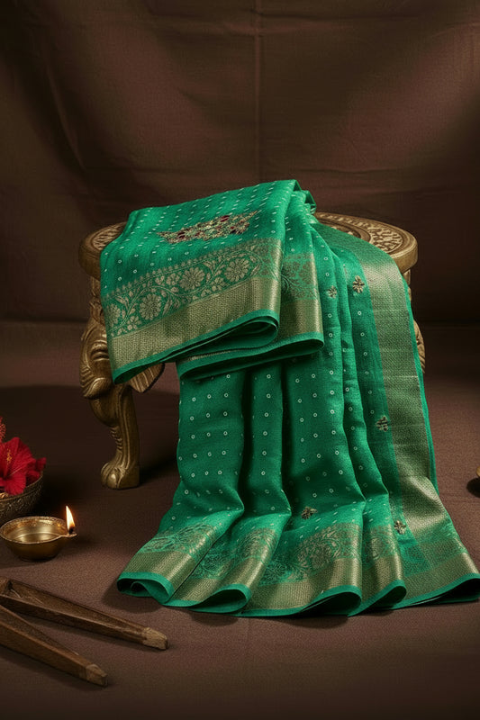 Emerald Green Bandhani Pure Dola Silk  Saree