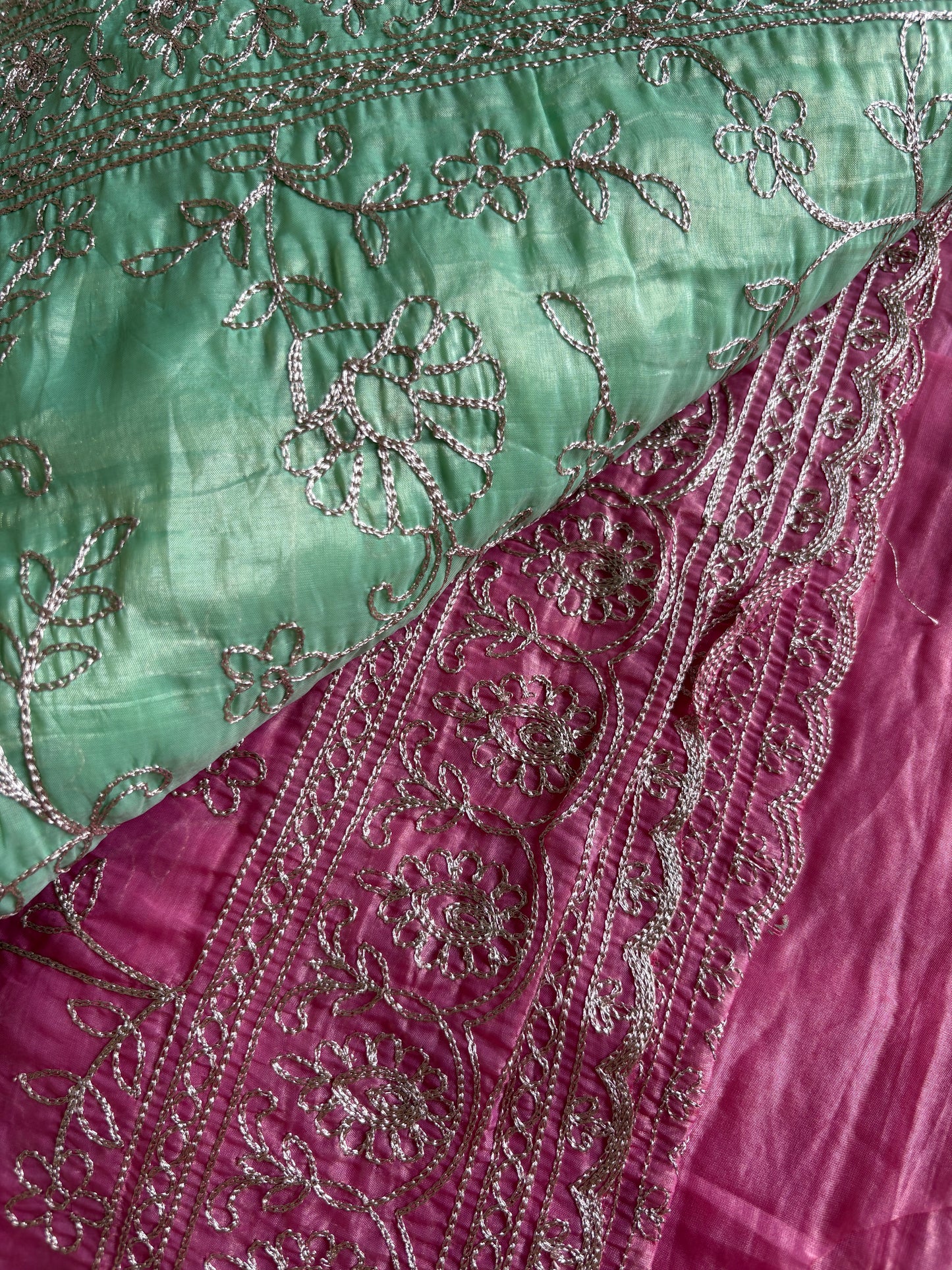 Onion Pink Mauve Crushed Tissue Silk Saree with Silver Zari Embroidery