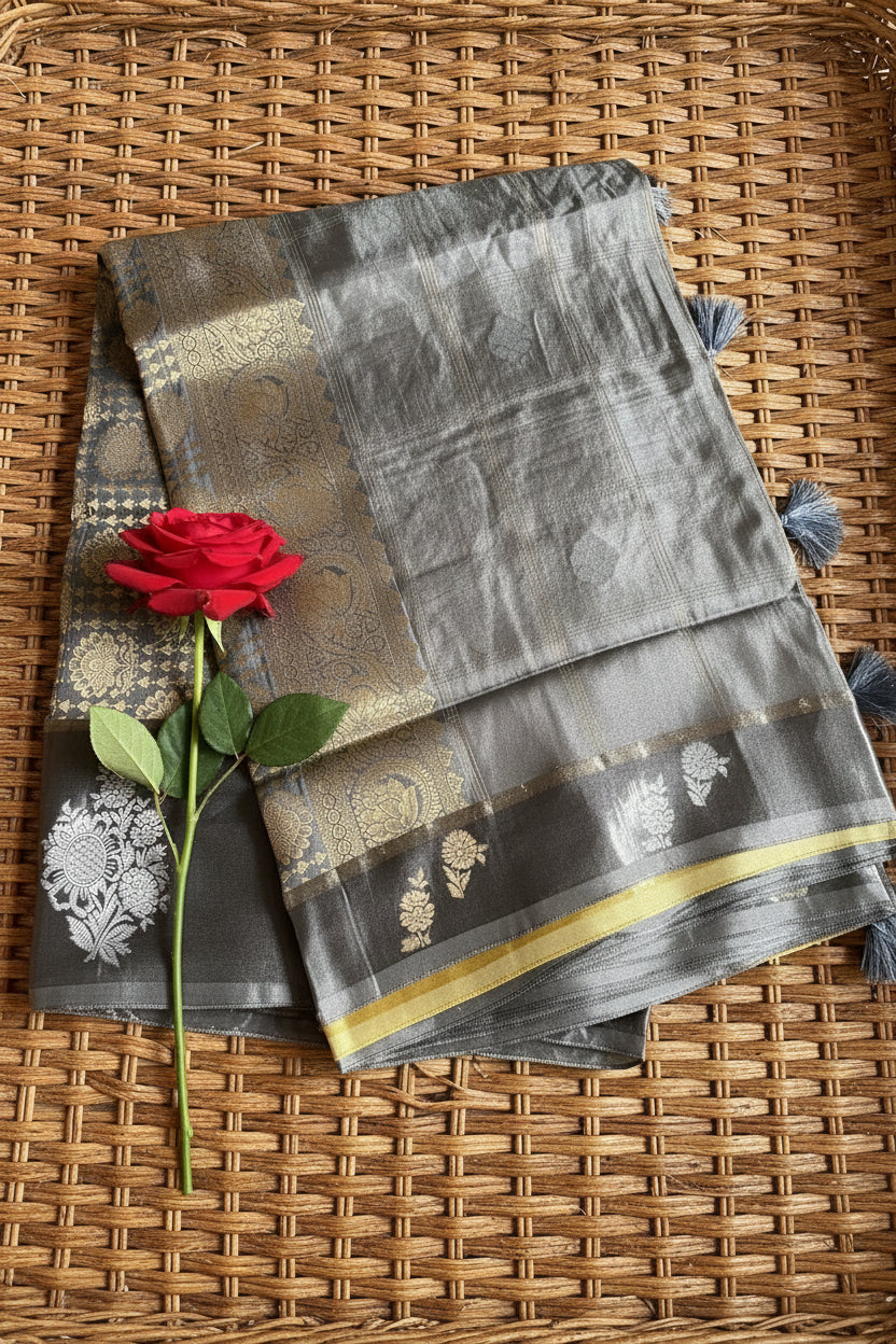 Iridescent Silver-Grey Pure Banarasi Silk Saree
