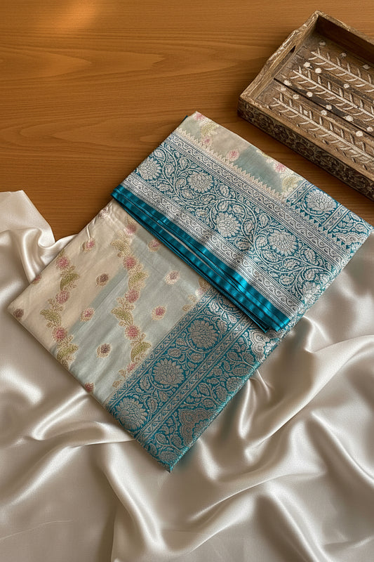 Ivory Katan Pure Banarasi Mushroom Silk Saree
