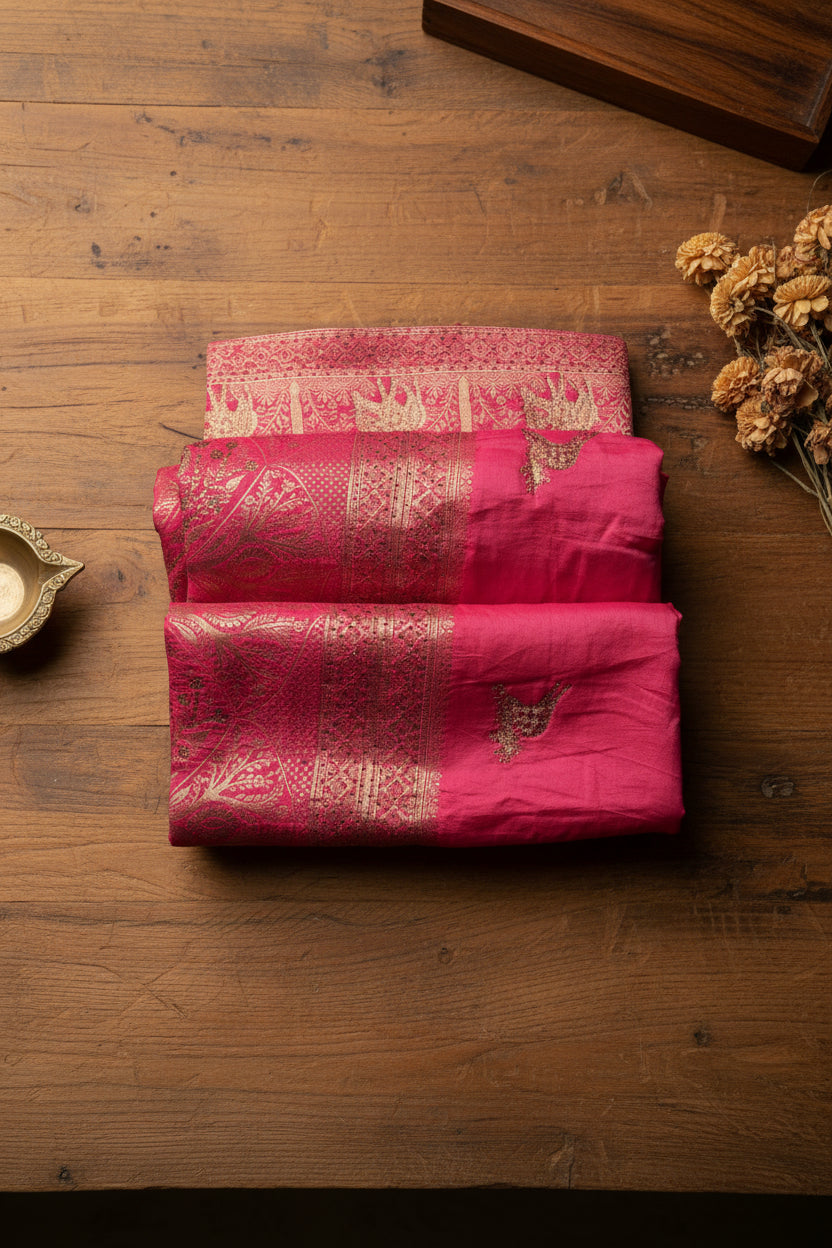 Rose Pink Magenta Pure Silk Banarasi Saree with Gold Zari Stripes & Woven Border