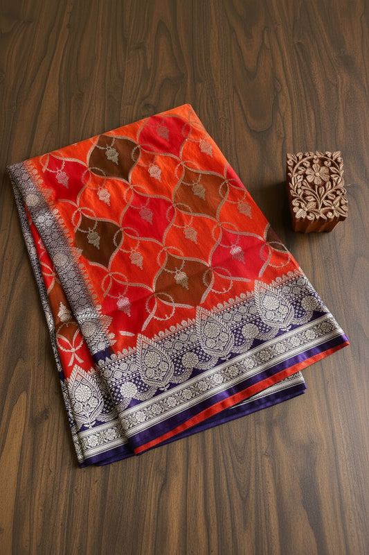 Burnt Orange Pure Banarasi Mushroom  Silk Saree