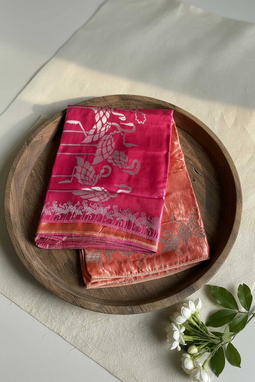 Rani Pink & Rust Orange Pure Banarasi Silk Saree