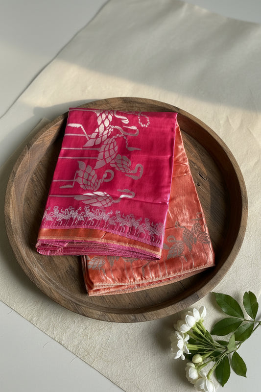 Rani Pink & Rust Orange Pure Banarasi Silk Saree