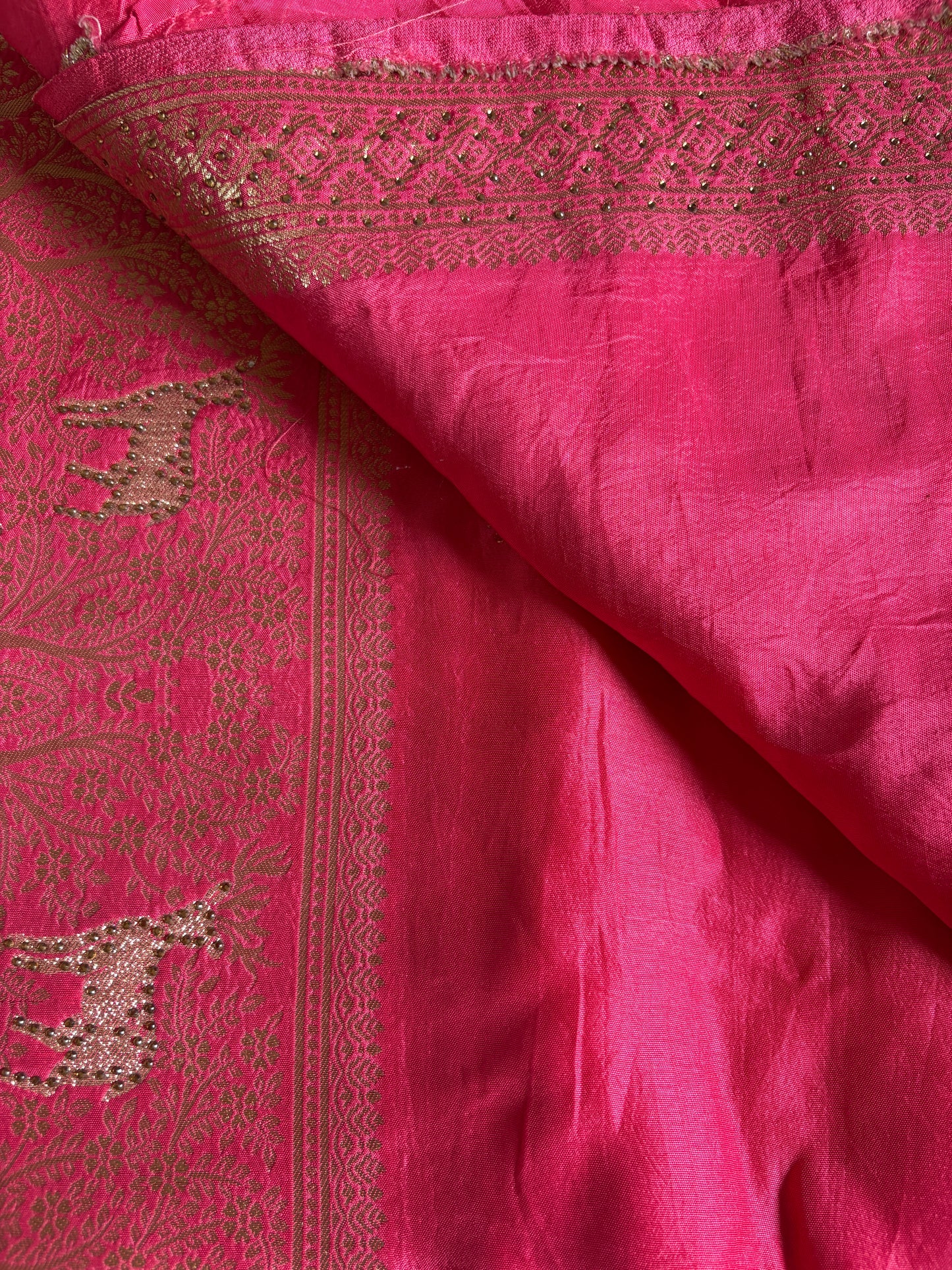 Rose Pink Magenta Pure Silk Banarasi Saree with Gold Zari Stripes & Woven Border