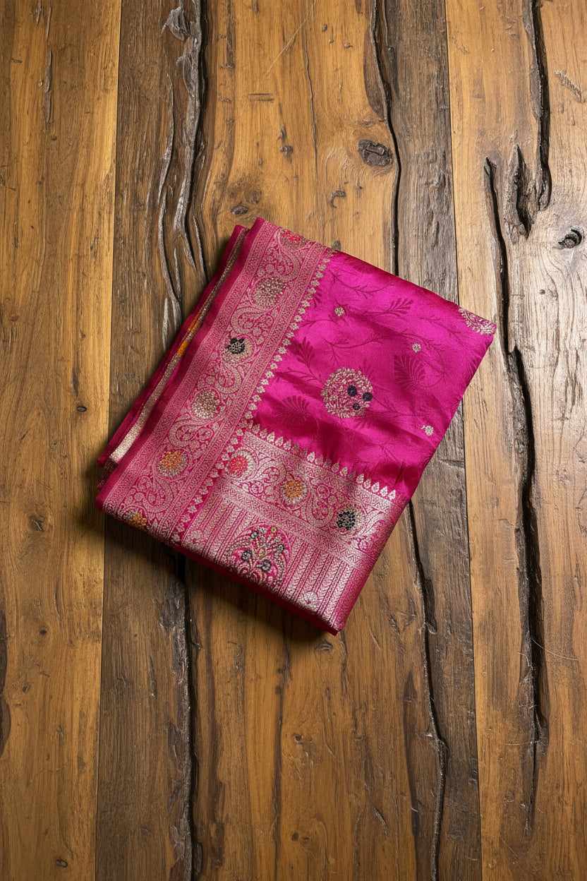 Rani Pink Bridal Soft Silk with Gold Zari Brocade & Multicolor Stonework