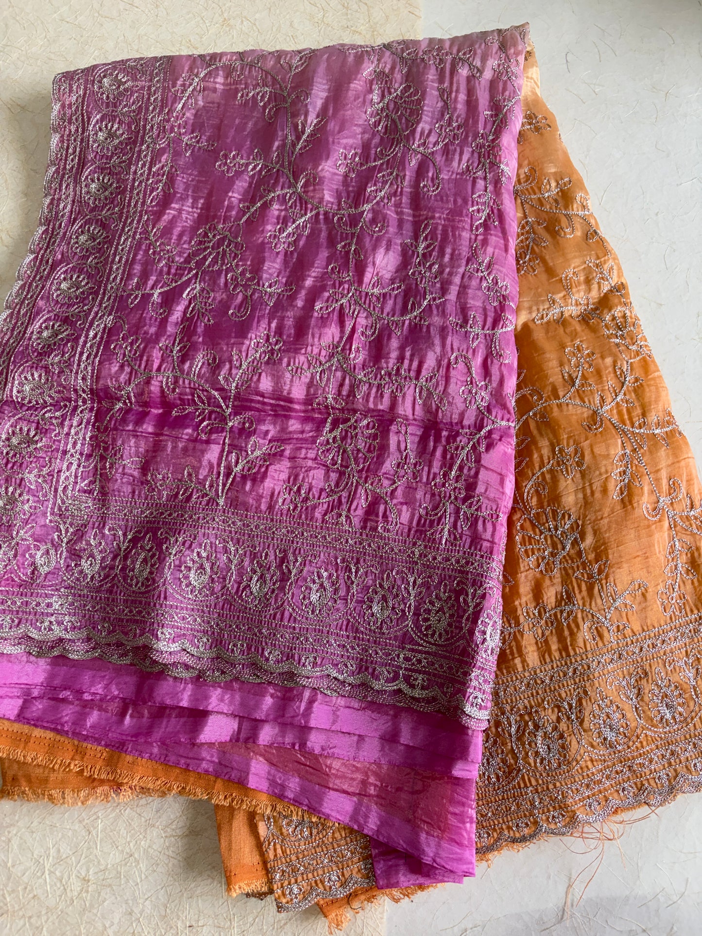 Pink gold crushed Tissue saree with Silver Zari Embroidery