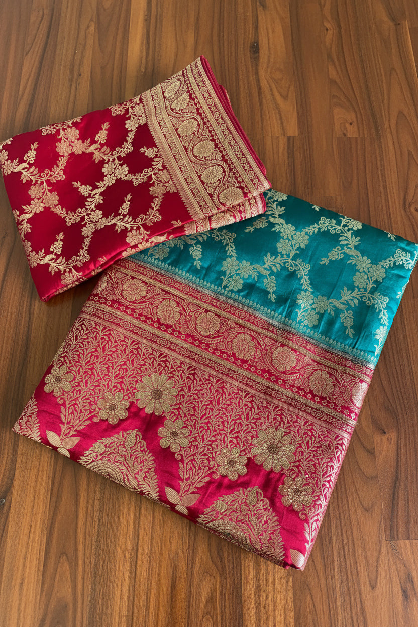 Maroon, Teal & Red Banarasi Silk saree With Duppata