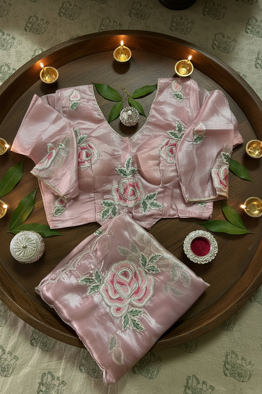 Lilac / Metallic Mauve Tissue Silk Saree With Stitched Blouse