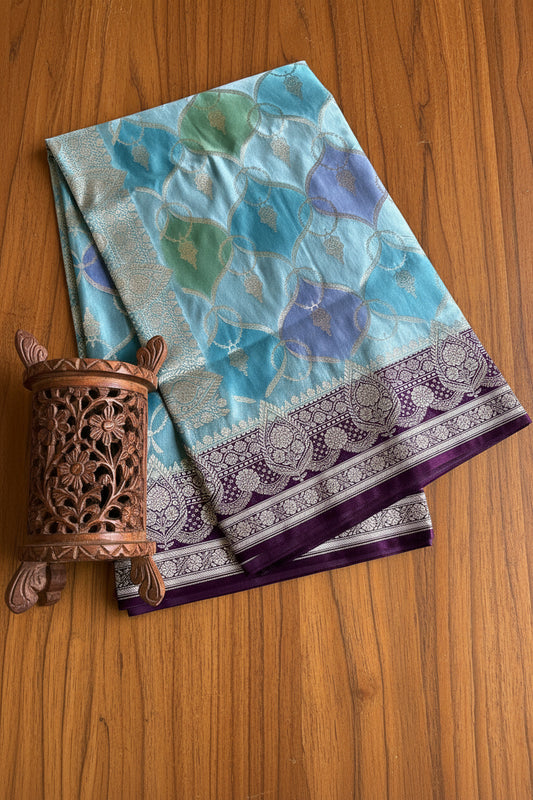 Sky Blue & Pure Teal Pure Banarasi Mushroom Silk Saree
