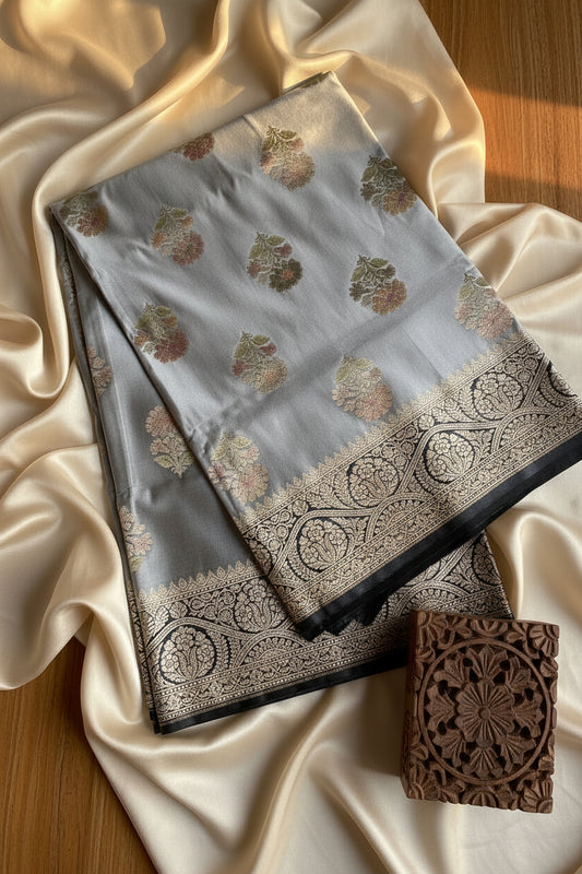 Steel Grey Katan Pure Banarasi Mushroom Silk Saree