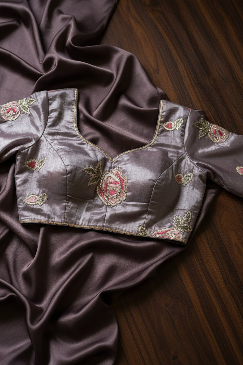 Metallic Mauve/Lavender Pure Tissue Silk Saree With Stitched Blouse