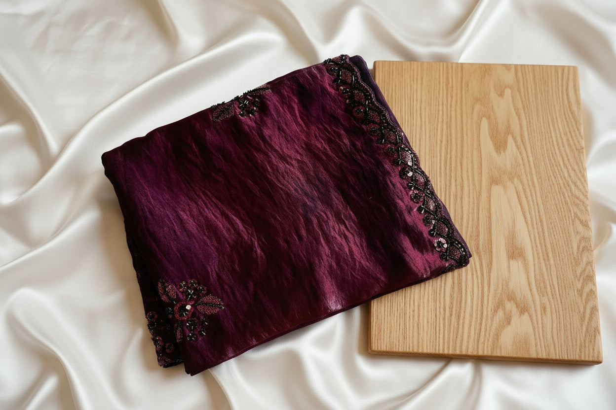 Wine Maroon Pure Crushed Tissue Silk Saree