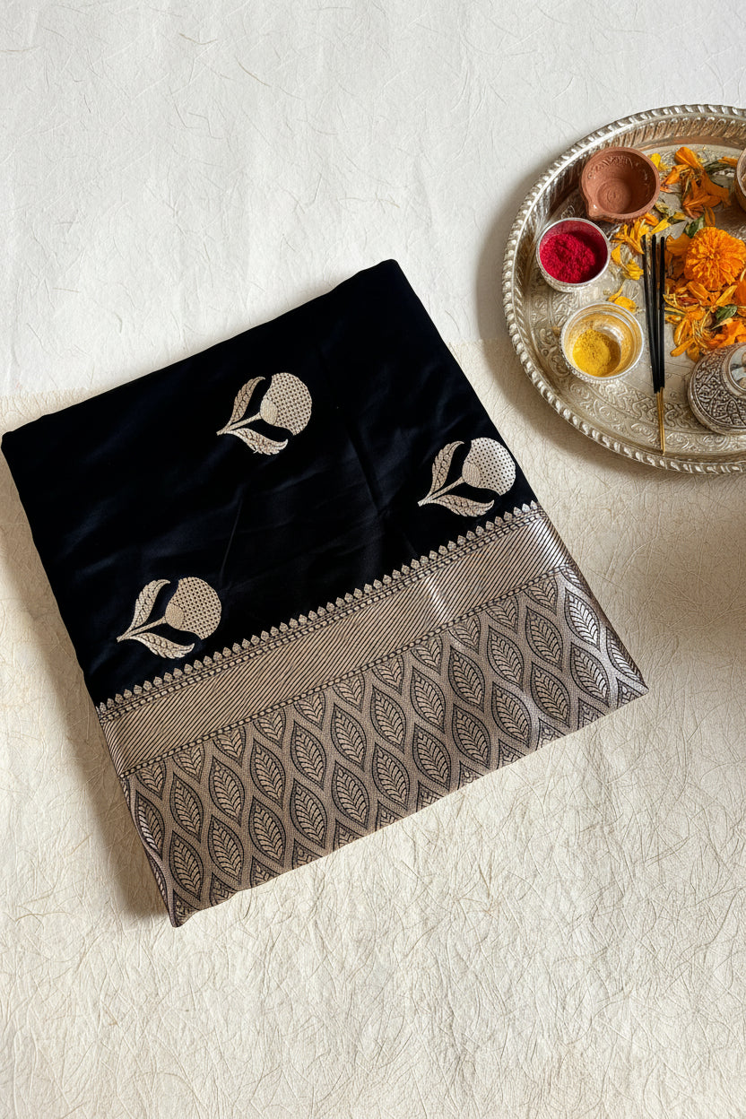 Jet Black Pure Banarasi Silk Saree