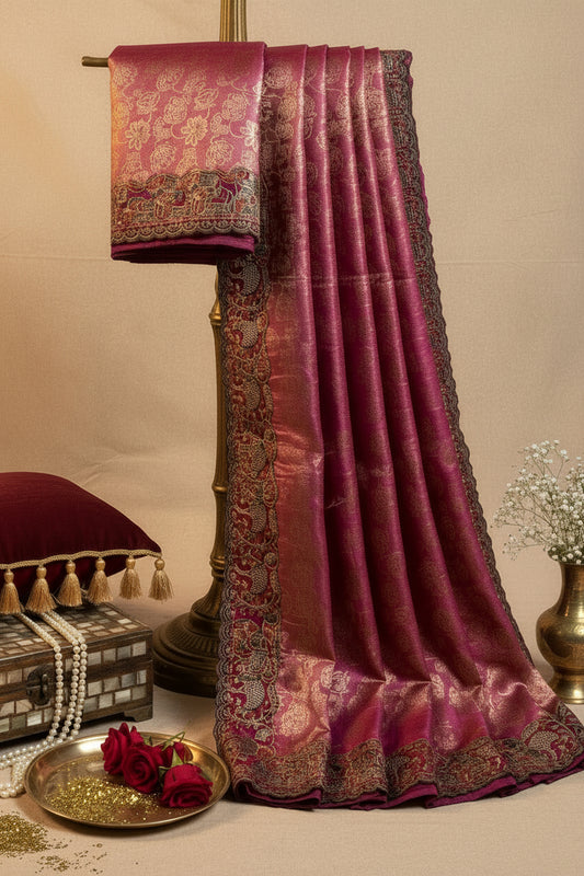 Wine Maroon Brocade  Saree