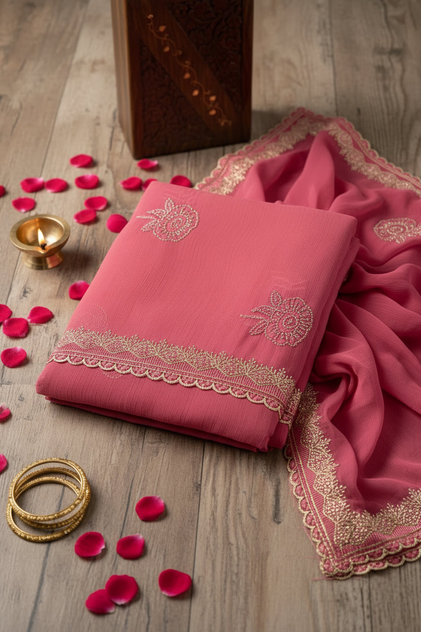 Rose Pink Pure Chiffon Saree
