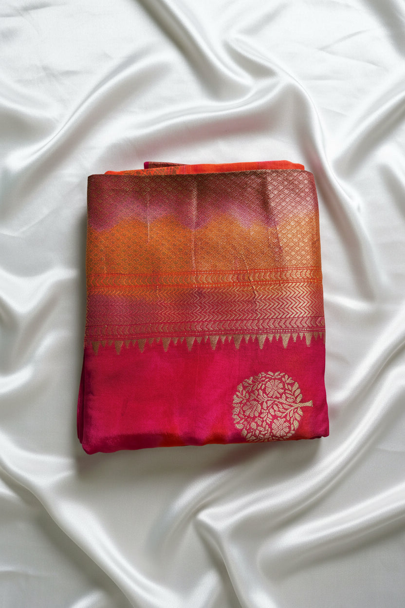 Dual-Tone Red & Orange Pure Dola Silk Saree