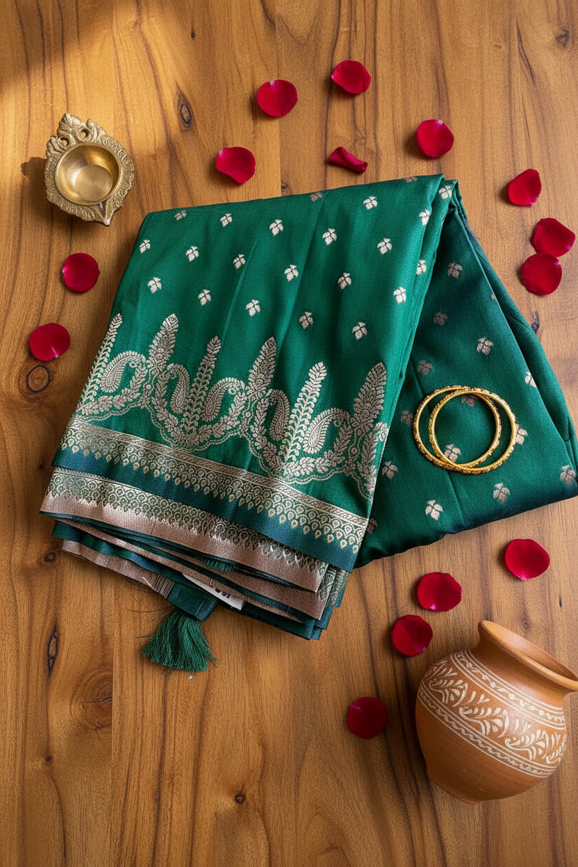 Bottle Green Soft  Silk Saree with Silver Zari Butis & Antique Gold Woven Border