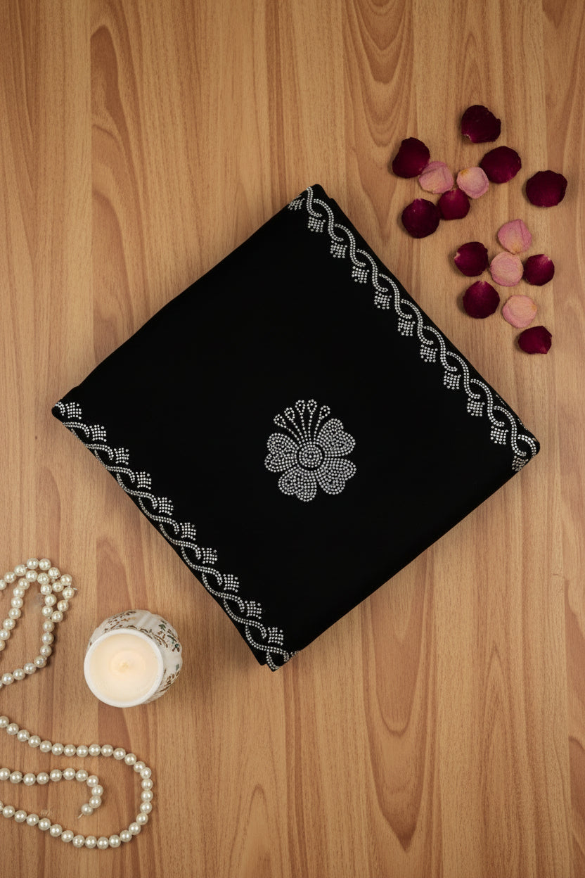Black Georgette saree with White Crystal Stonework Border