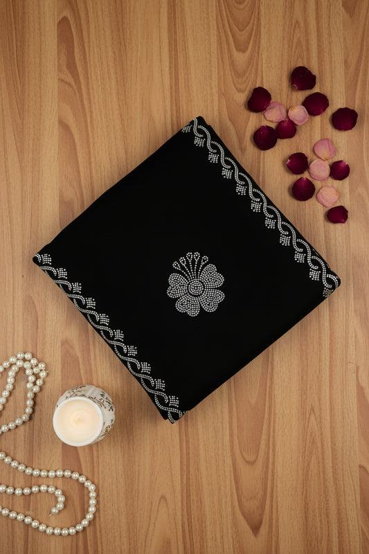 Black Georgette saree with White Crystal Stonework Border