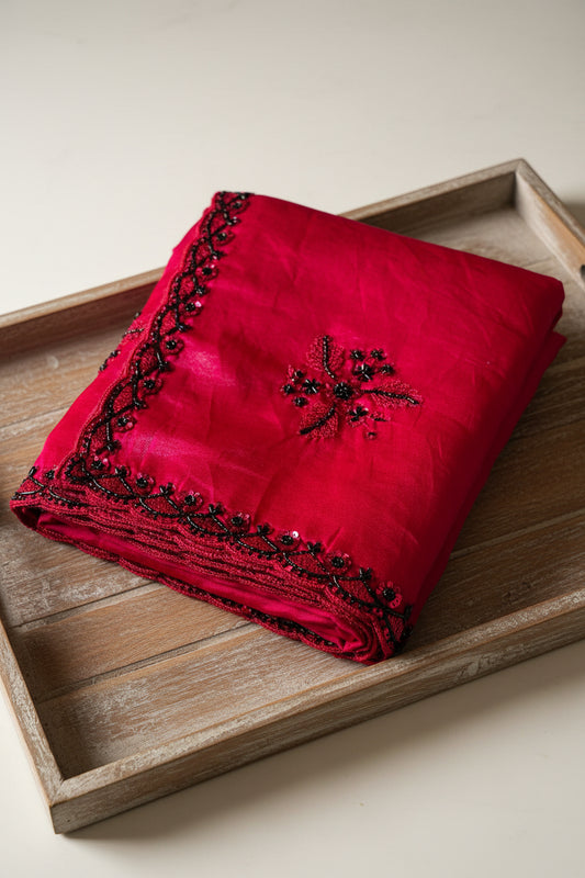 Cherry Red Pure Crushed Tissue Silk Saree