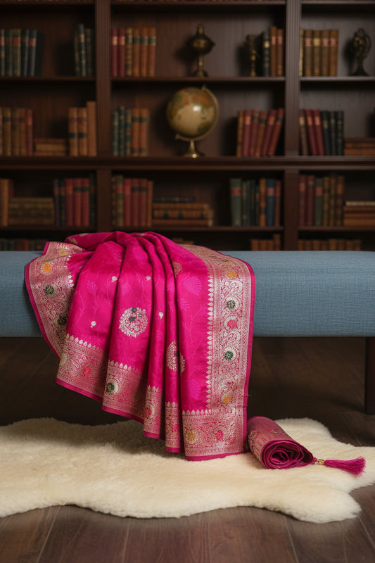 Rani Pink Bridal Soft Silk with Gold Zari Brocade & Multicolor Stonework
