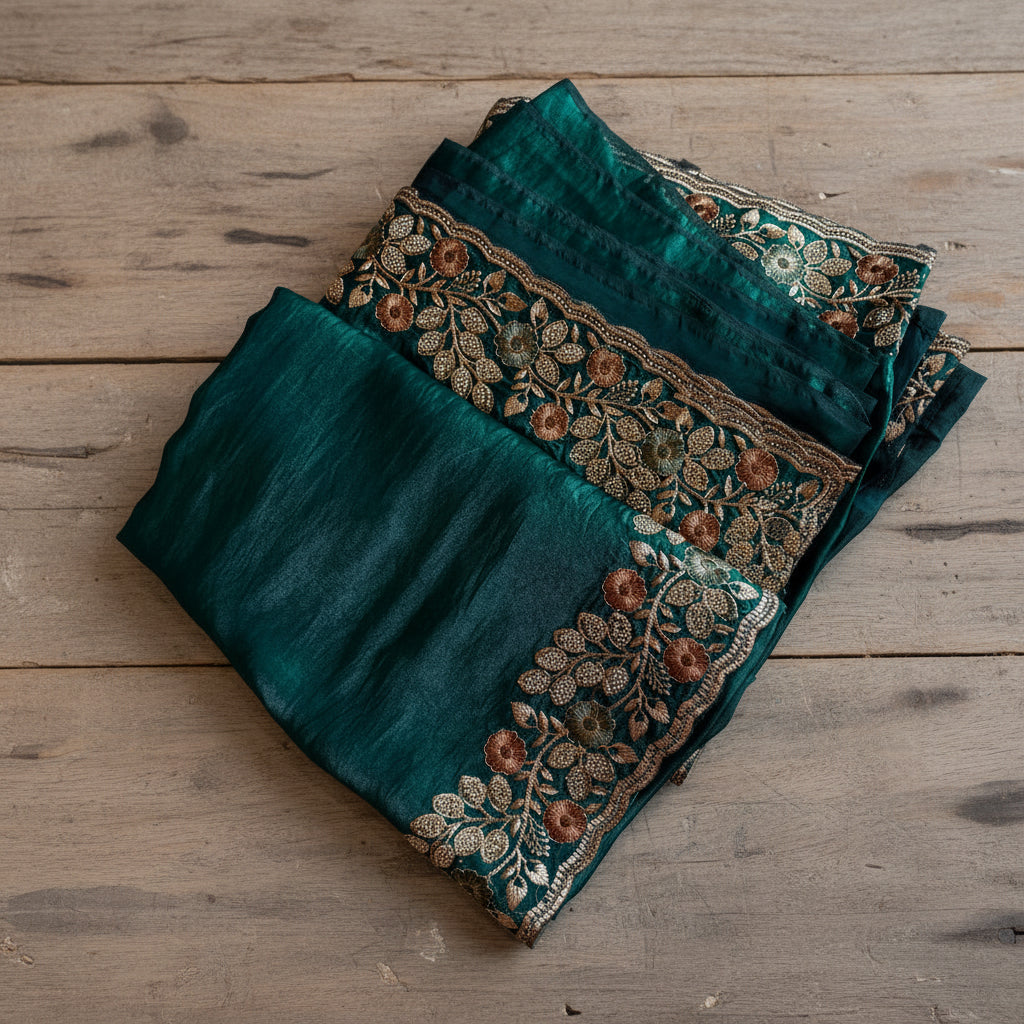 Dark Teal Green Pure Organza Saree