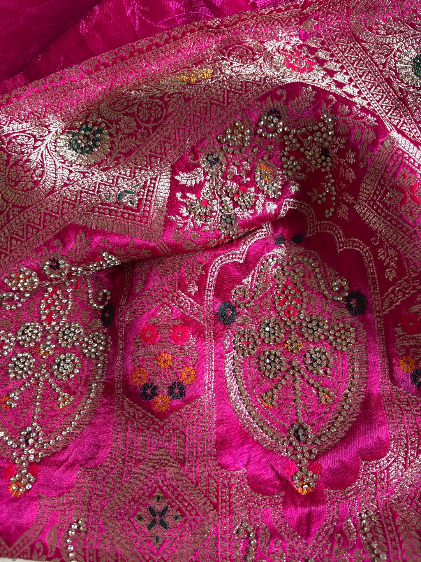 Rani Pink Bridal Soft Silk with Gold Zari Brocade & Multicolor Stonework