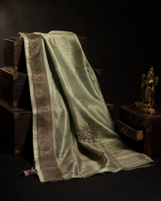 Pista Green Banarasi Tissue Saree with Antique Bronze Border