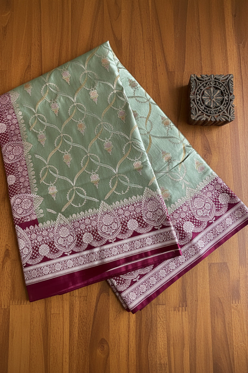 Sage Green Pure Banarasi mushroom Silk Saree