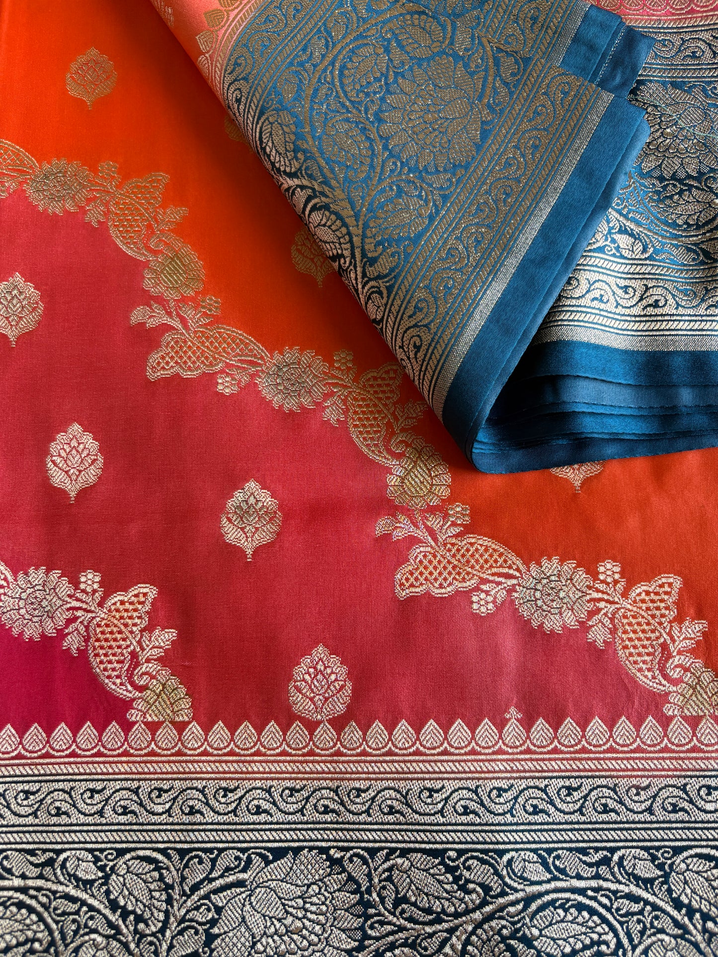 Reddish-Orange Katan Pure  Banarasi Mushroom Silk Saree