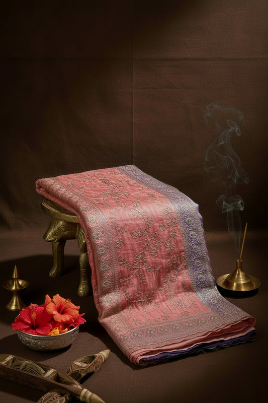 Peach & Slate Blue  Purte Crushed Tissue Saree