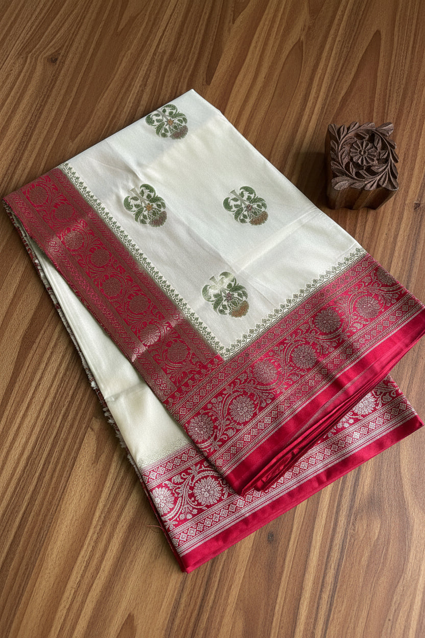 Off-White Pure Banarasi Mushroom Silk saree