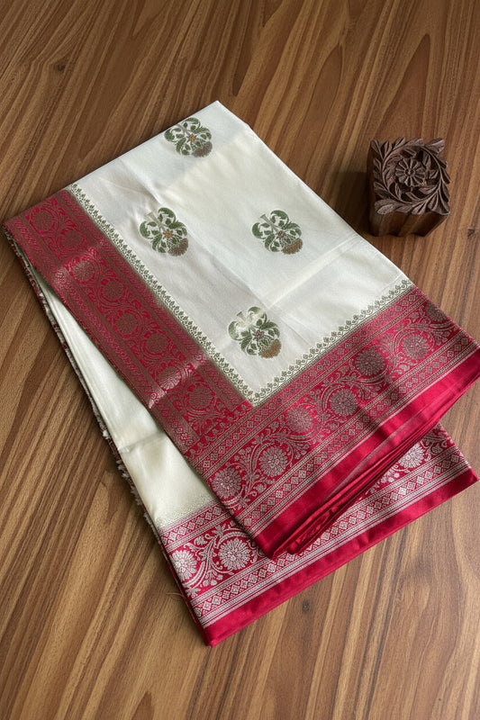 Off-White Pure Banarasi Mushroom Silk saree