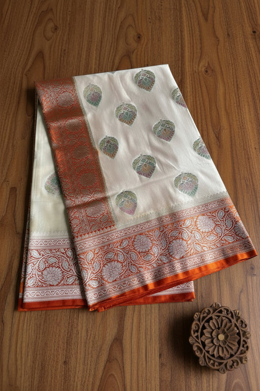 Ivory White pure Banarasi Mushroom Silk Saree