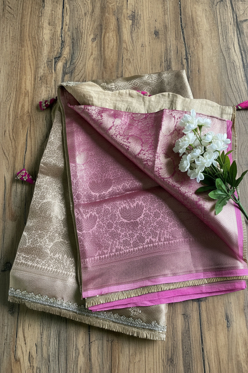 Antique Gold Pure Banarasi Tissue Silk Saree With Stiched Blouse.
