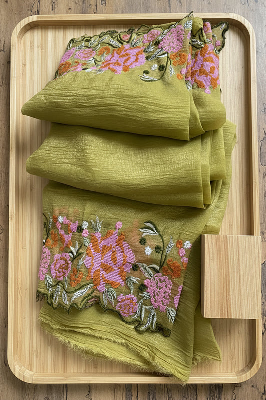 Mehendi Green Crunchy Pure Chiffon Saree