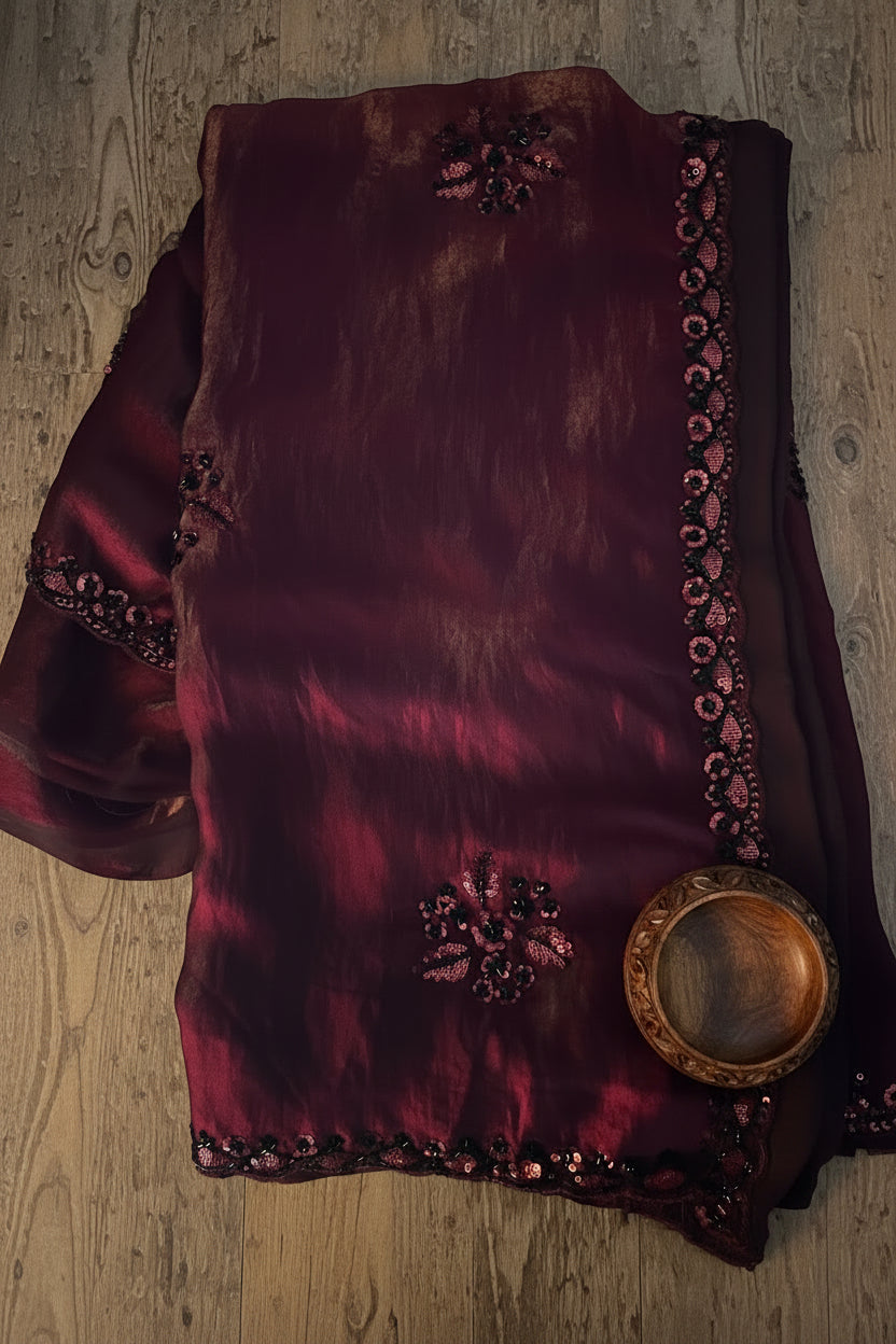 Wine Maroon Pure Crushed Tissue Silk Saree