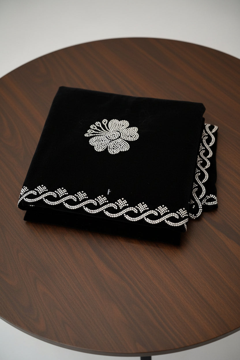 Black Georgette saree with White Crystal Stonework Border